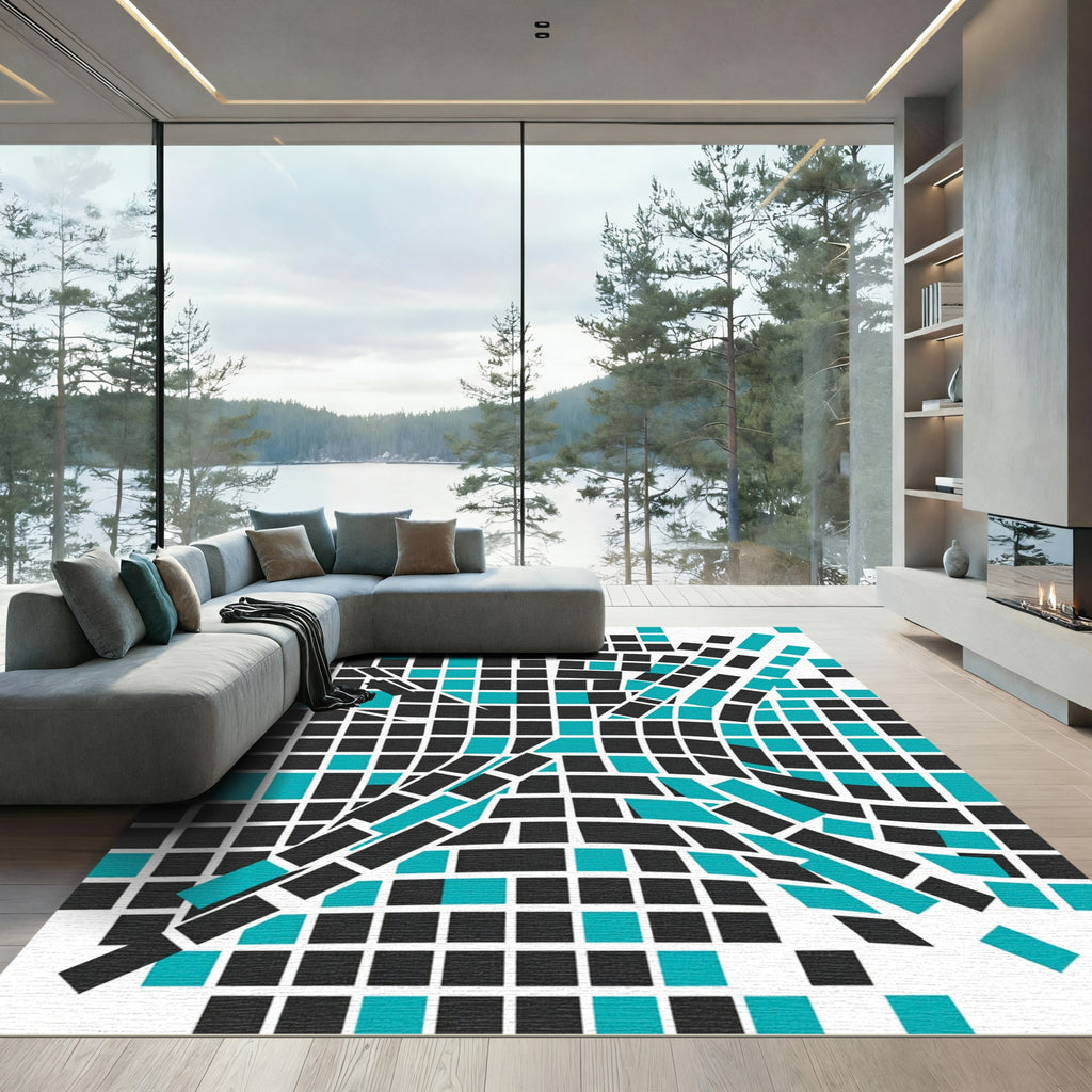 Abstract Teal and Charcoal Geometric Grid Rug