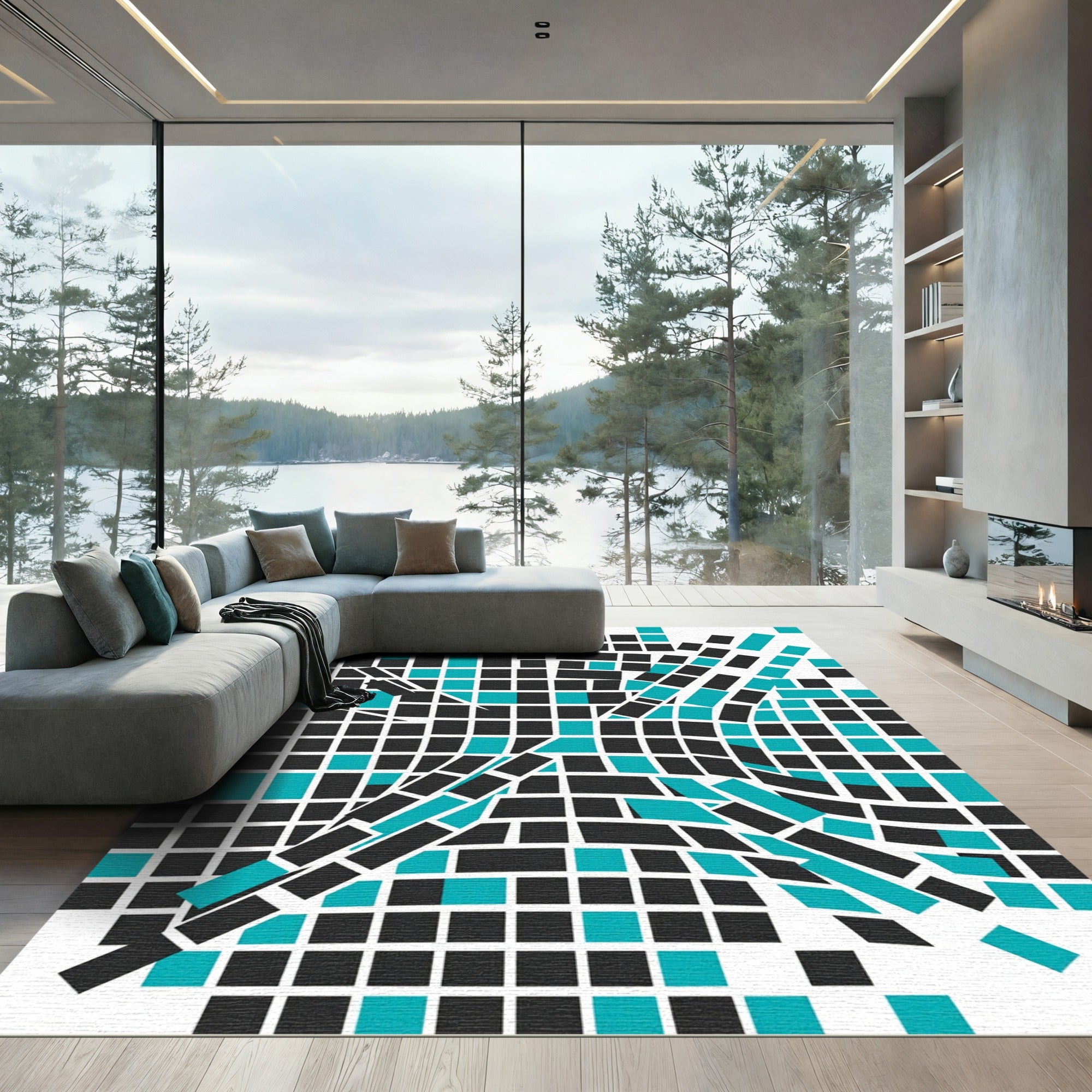 Abstract Teal and Charcoal Geometric Grid Rug
