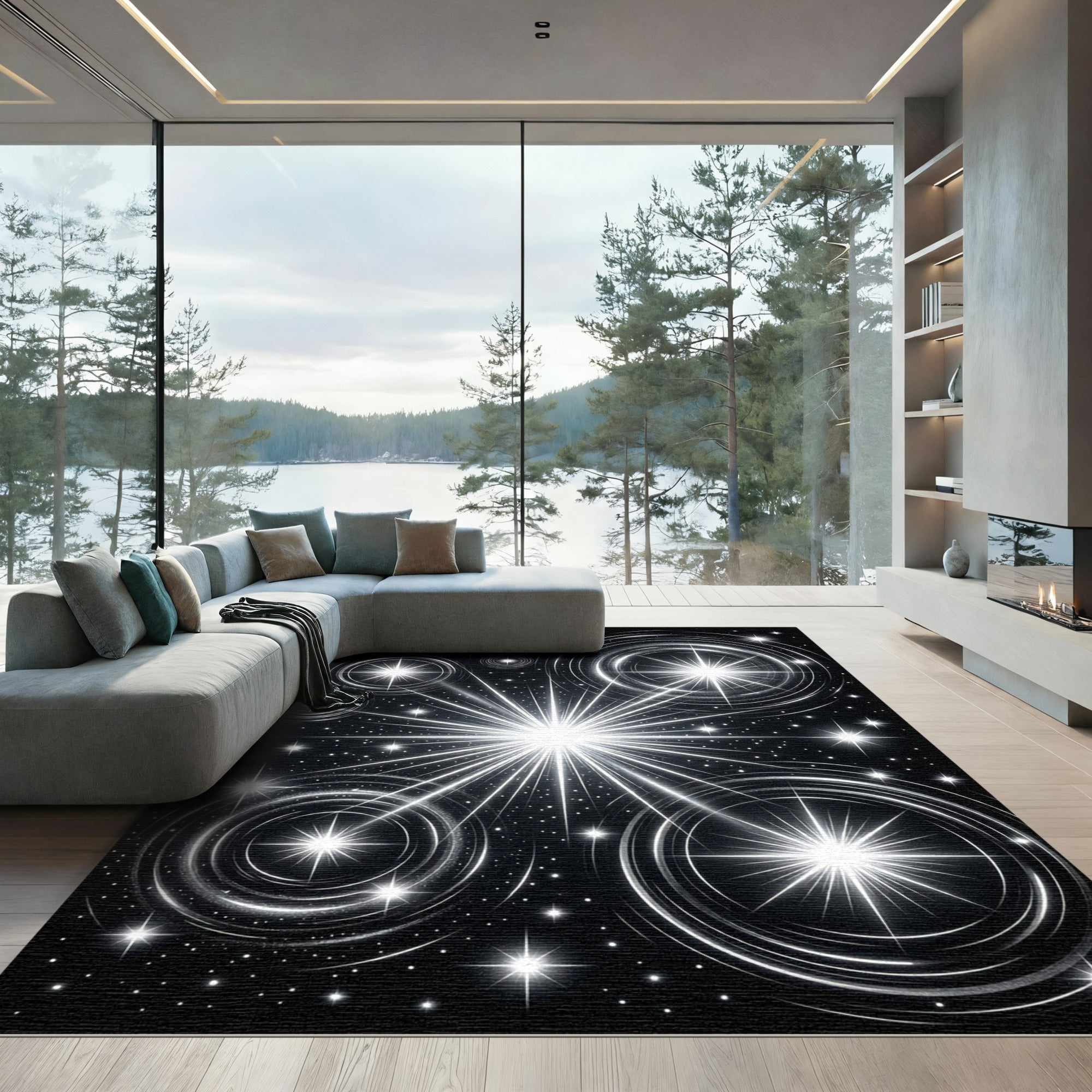 Radiant Black Cosmic Starburst Rug