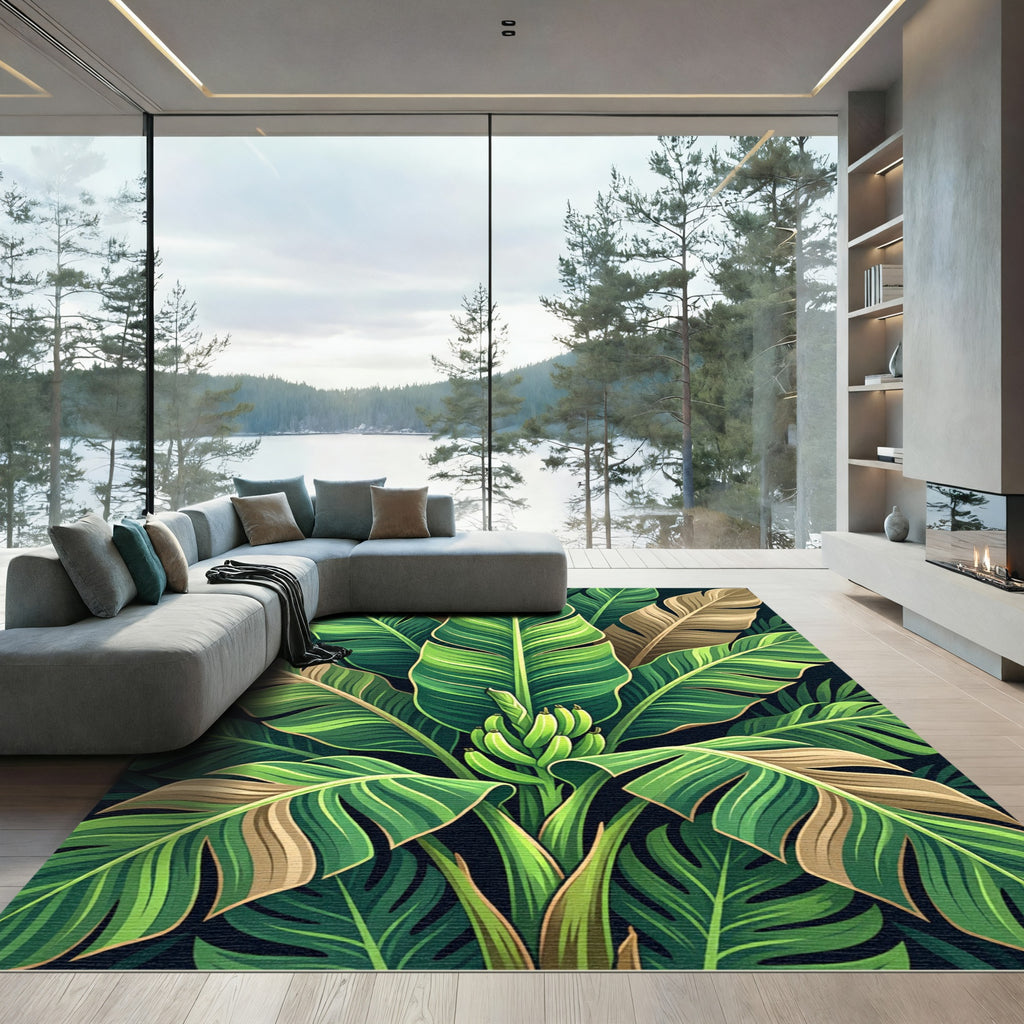 Vibrant Green Banana Leaf Foliage Rug