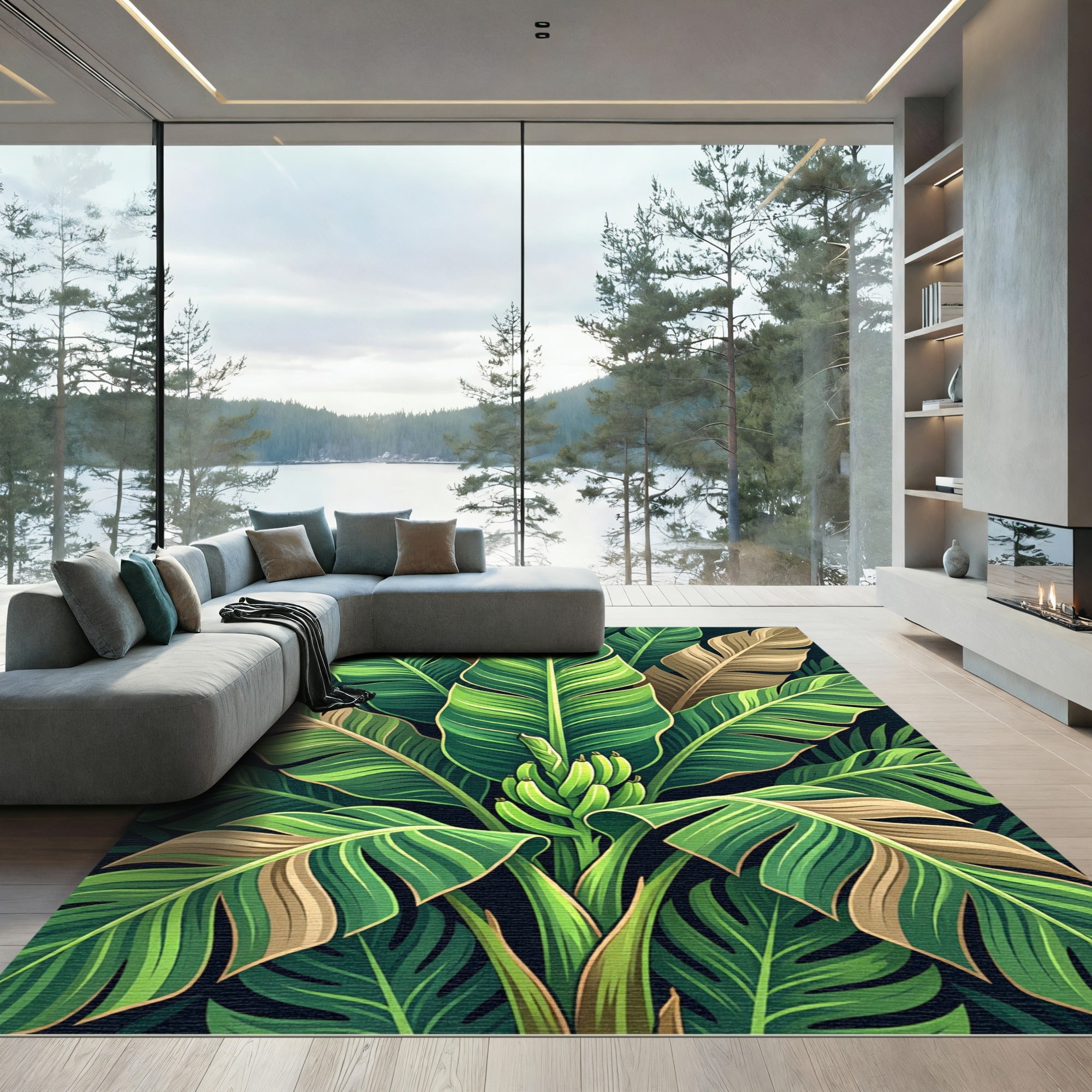 Vibrant Green Banana Leaf Foliage Rug