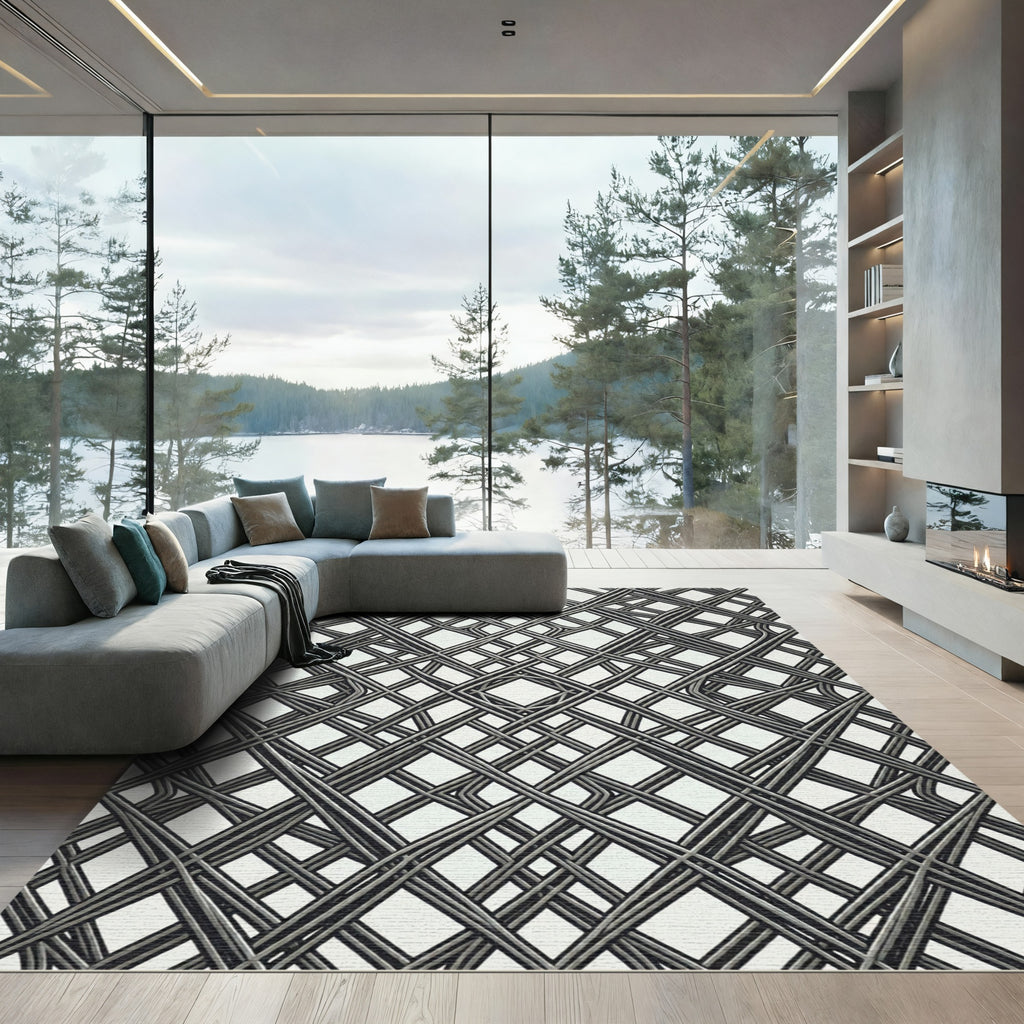 Monochrome Architectural Diamond Lattice Overlay Rug