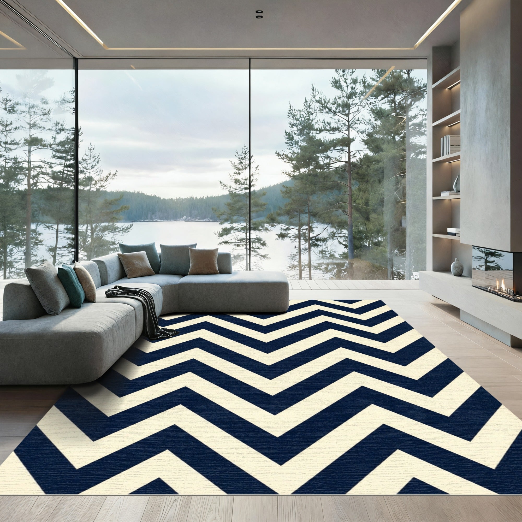 Navy and Cream Chevron Geometric Rug