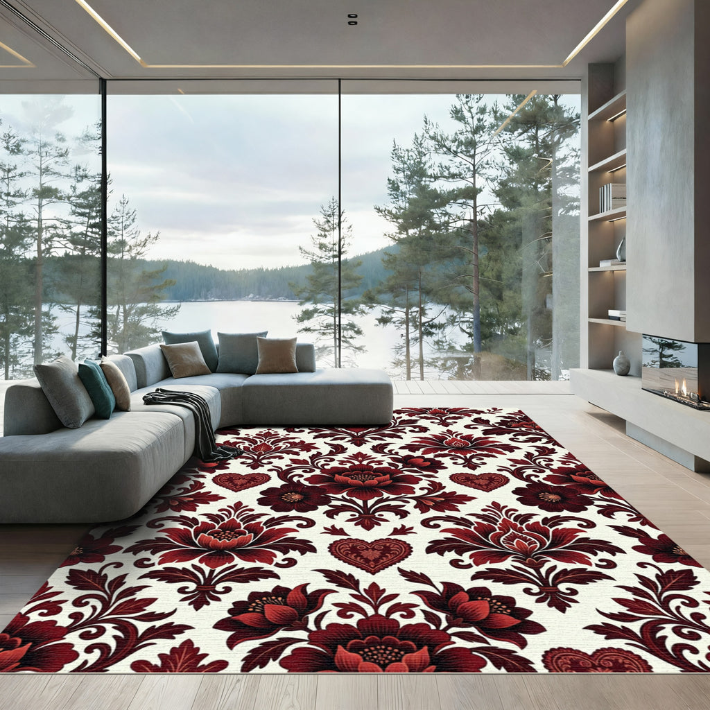 Dark Red Floral Heart Damask Rug