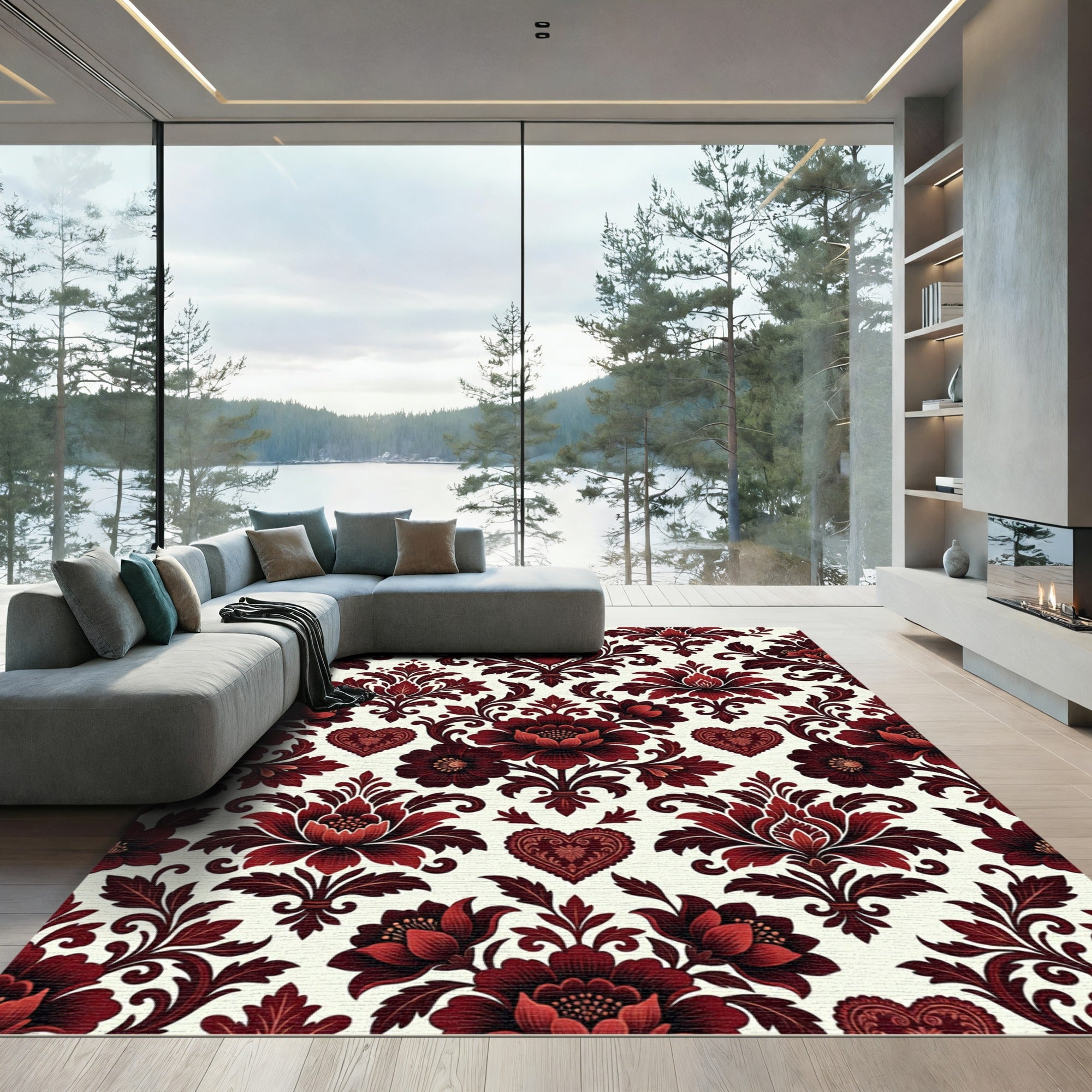 Dark Red Floral Heart Damask Rug