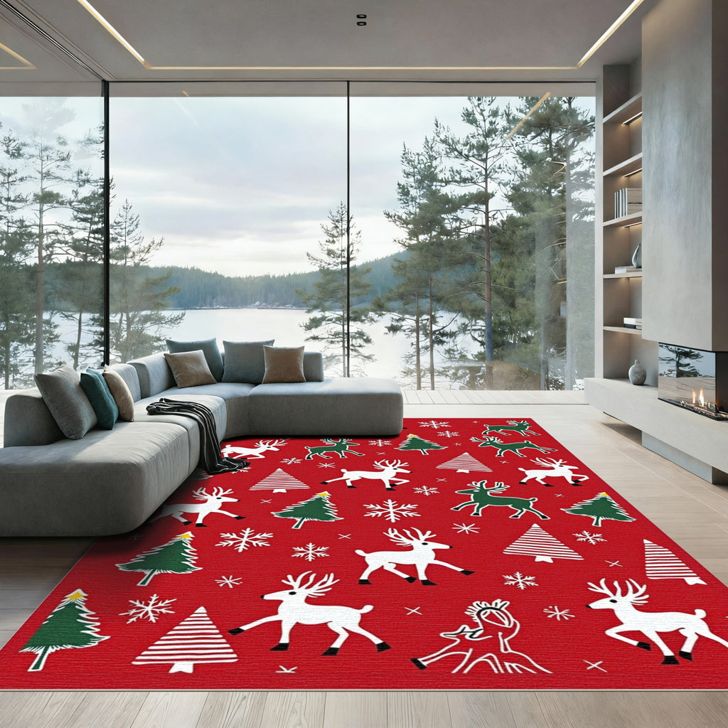 Red Christmas Reindeer Tree Snowflakes Rug