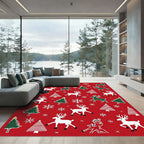 Red Christmas Reindeer Tree Snowflakes Rug