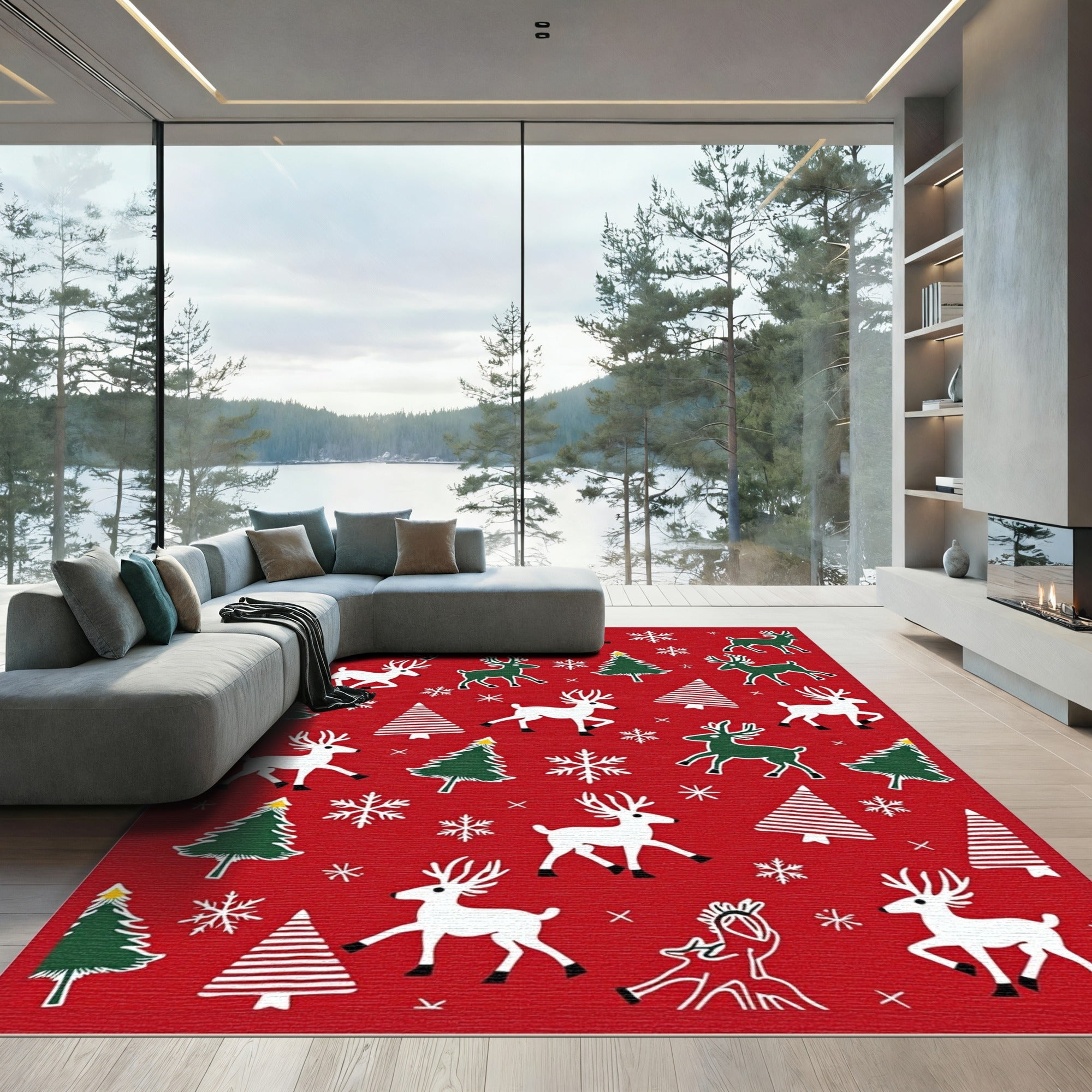 Red Christmas Reindeer Tree Snowflakes Rug