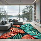 Vibrant Tropical Coral and Teal Palms Rug