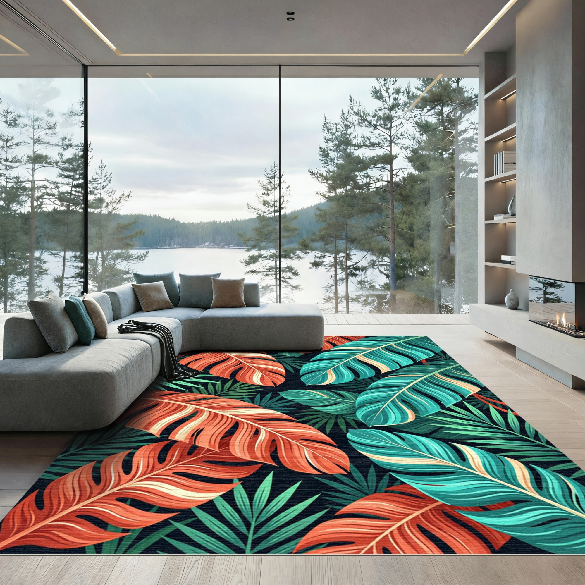 Vibrant Tropical Coral and Teal Palms Rug