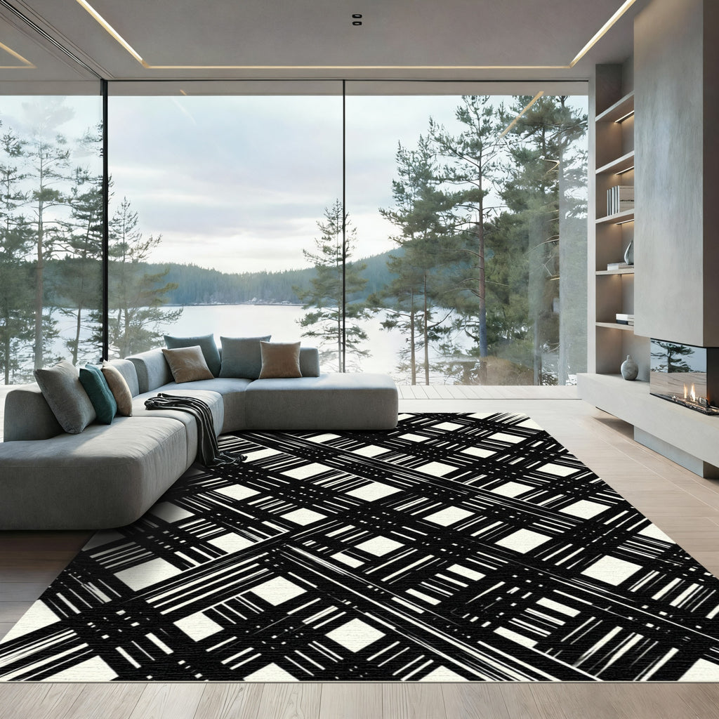 Black and White Intersecting Gingham Rug