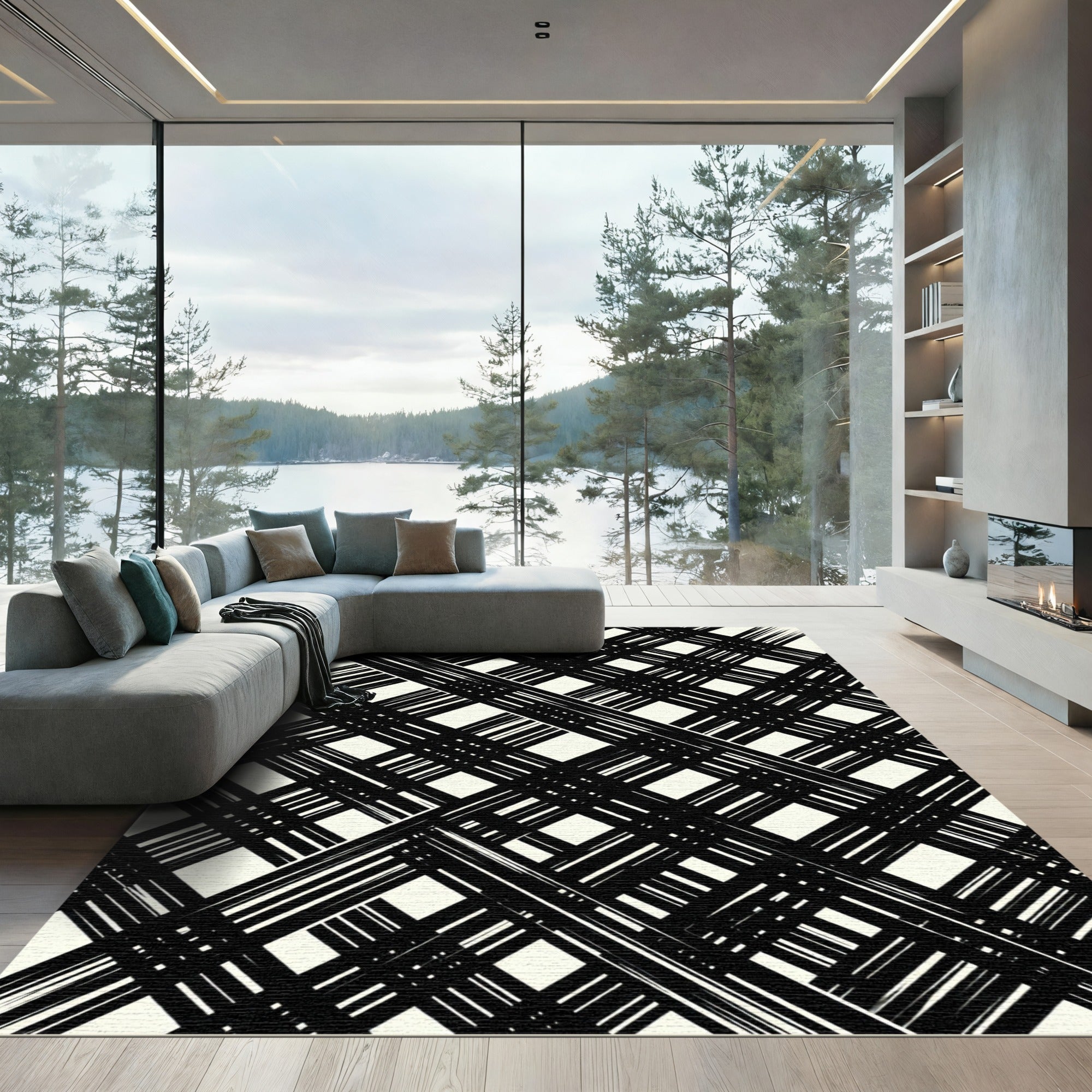 Black and White Intersecting Gingham Rug