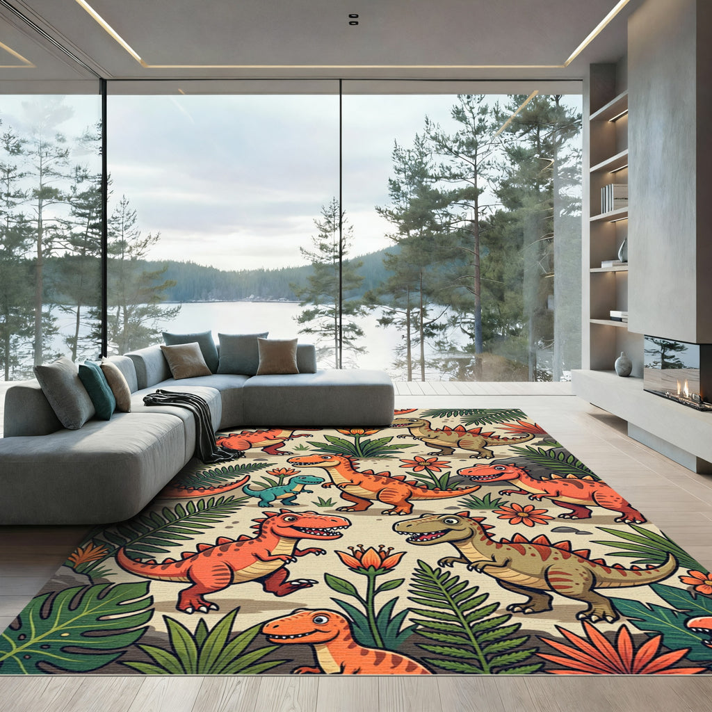 Playful Orange Dinosaur and Tropical Flora Rug