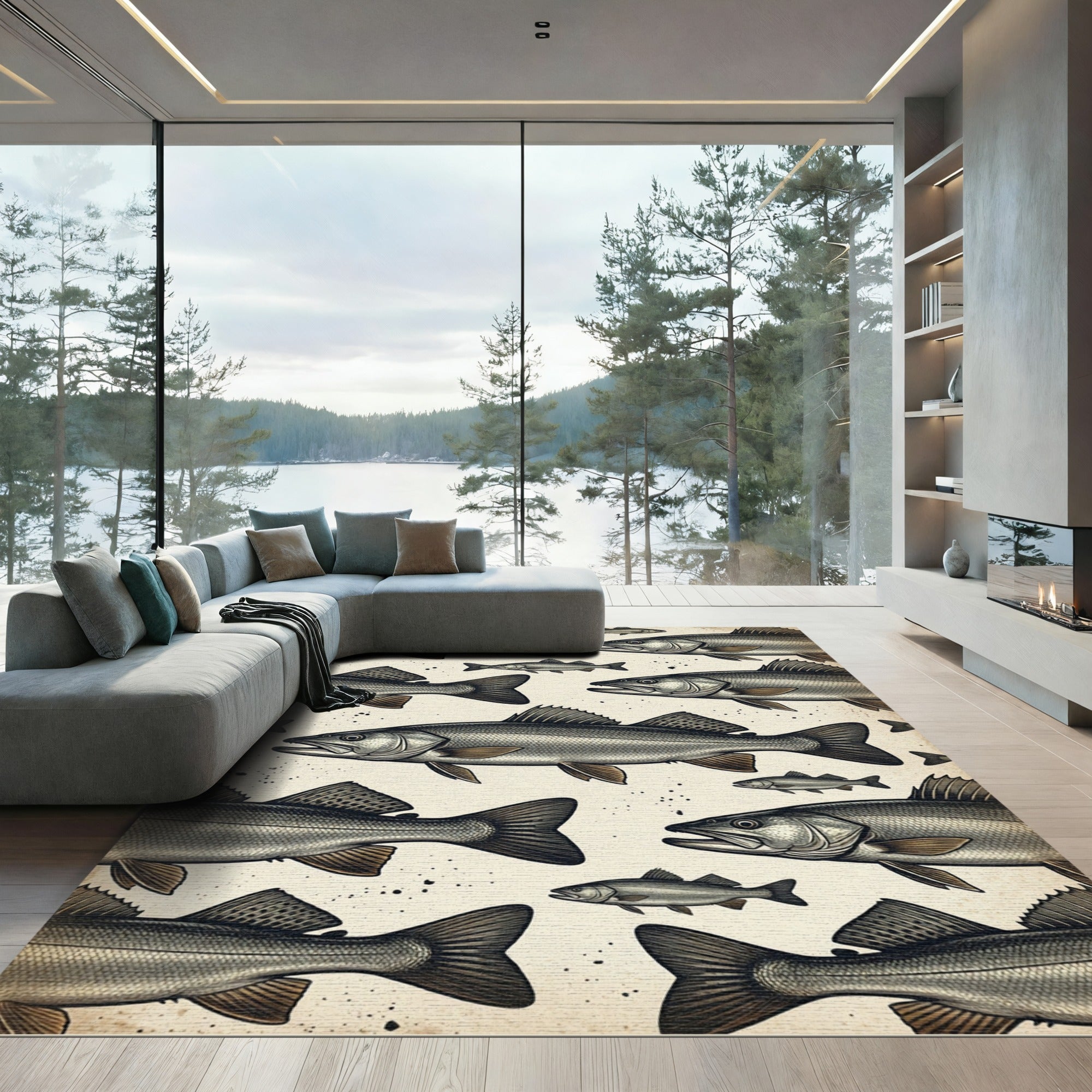Vintage Engraved Monochrome Fish Collective Rug