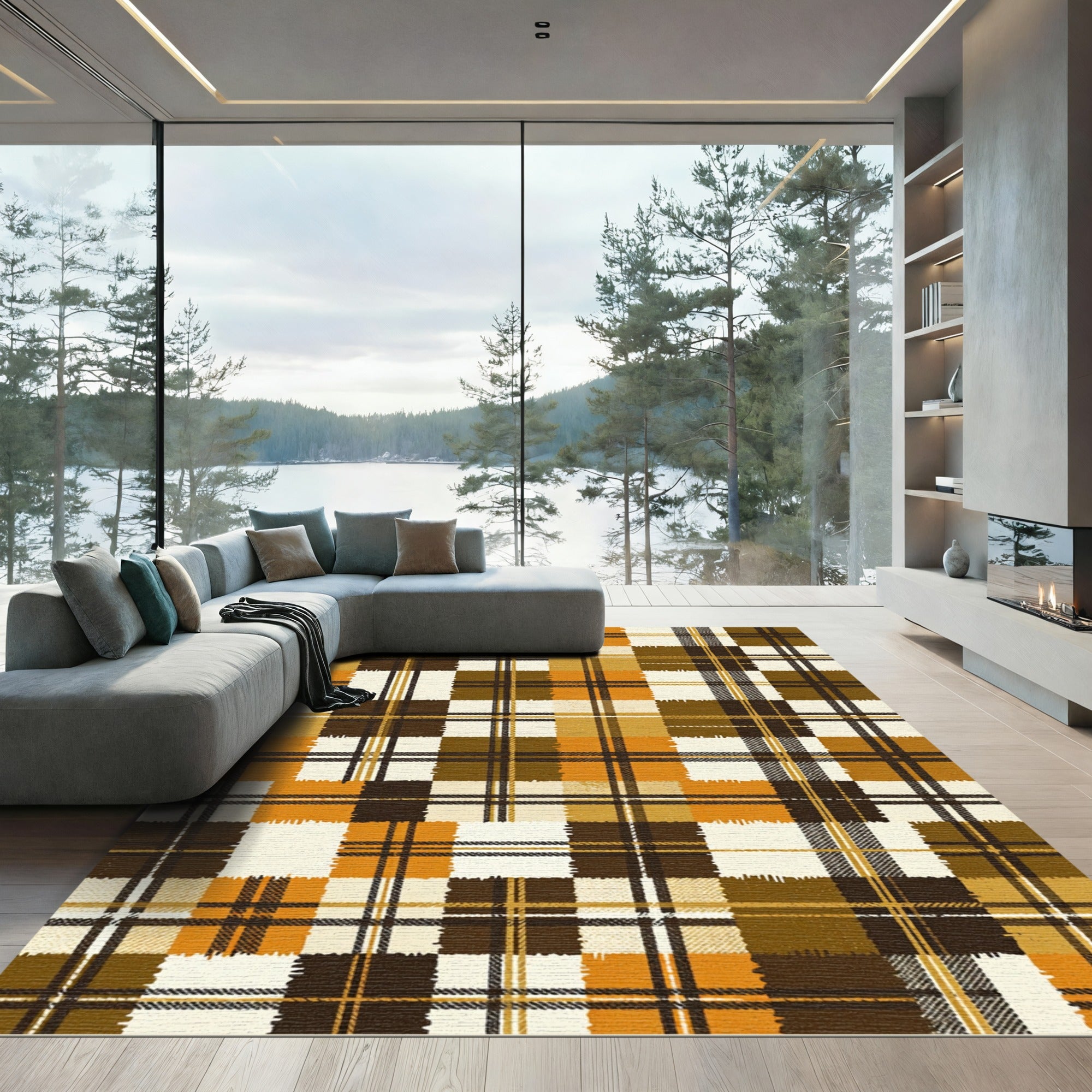 Autumn Golden Brown Plaid Grid Rug