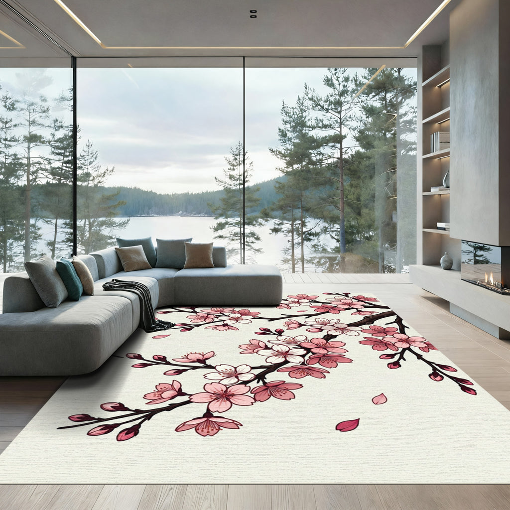 Blossoming Pink Cherry Branch Illustration Rug