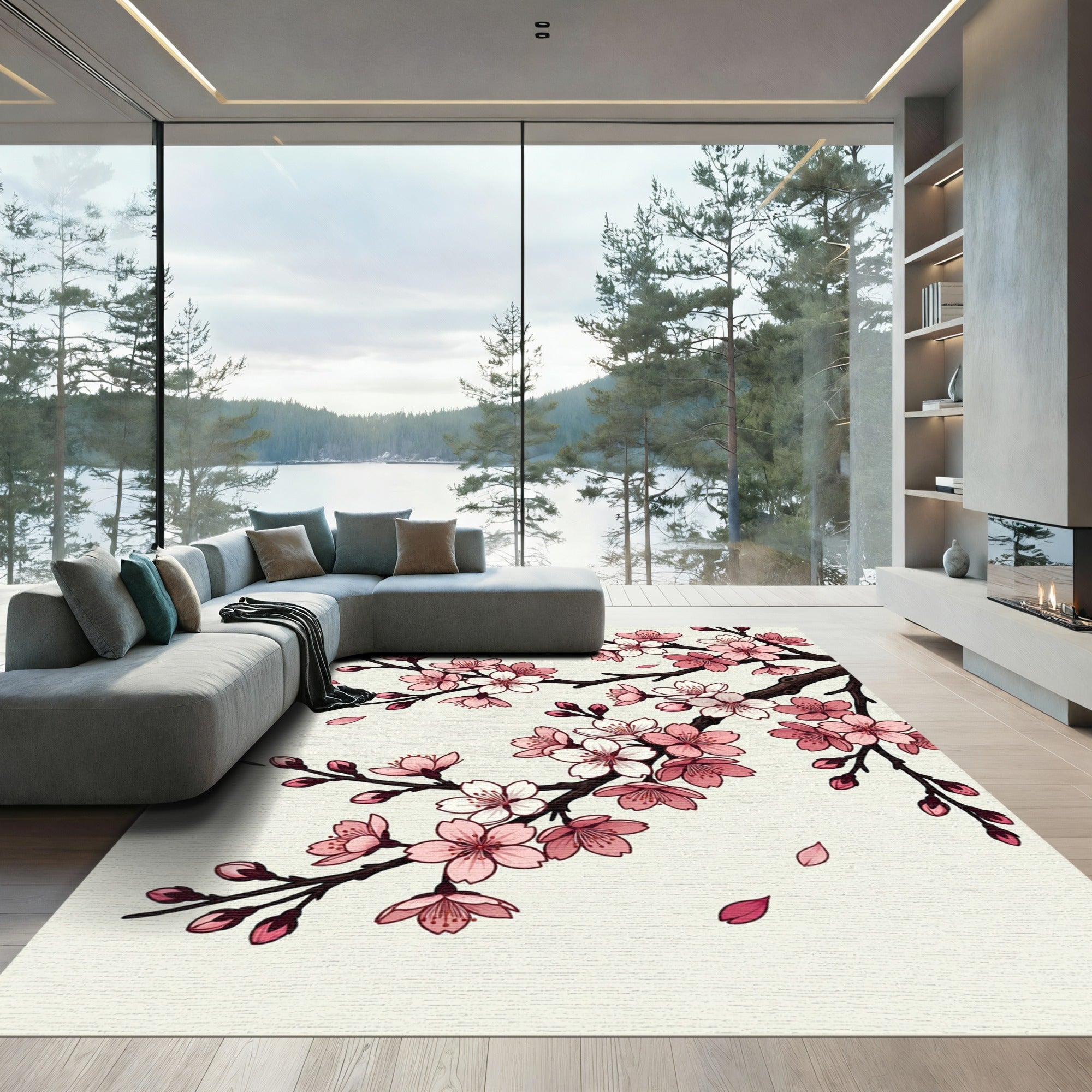 Blossoming Pink Cherry Branch Illustration Rug