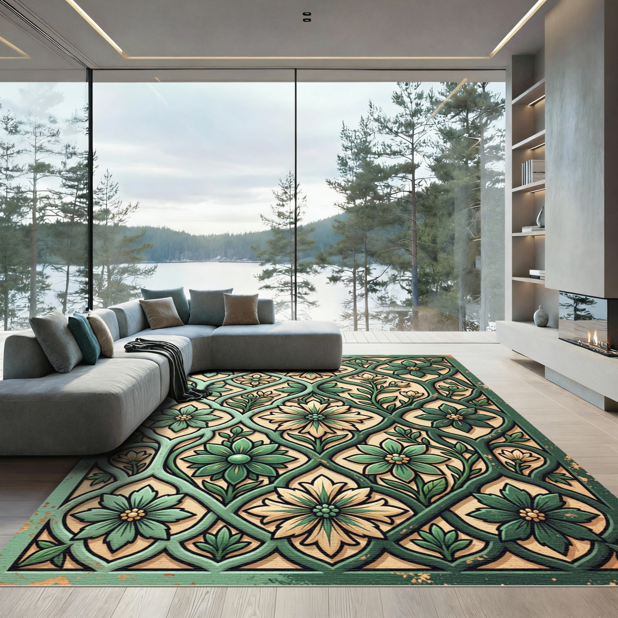 Sage Green Floral Trellis Vine Rug