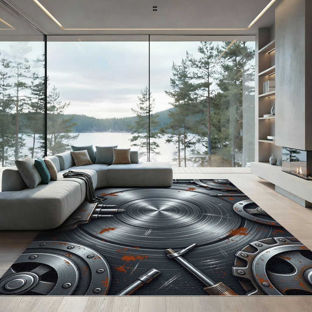 Industrial Metallic Gear Assemblage Rug