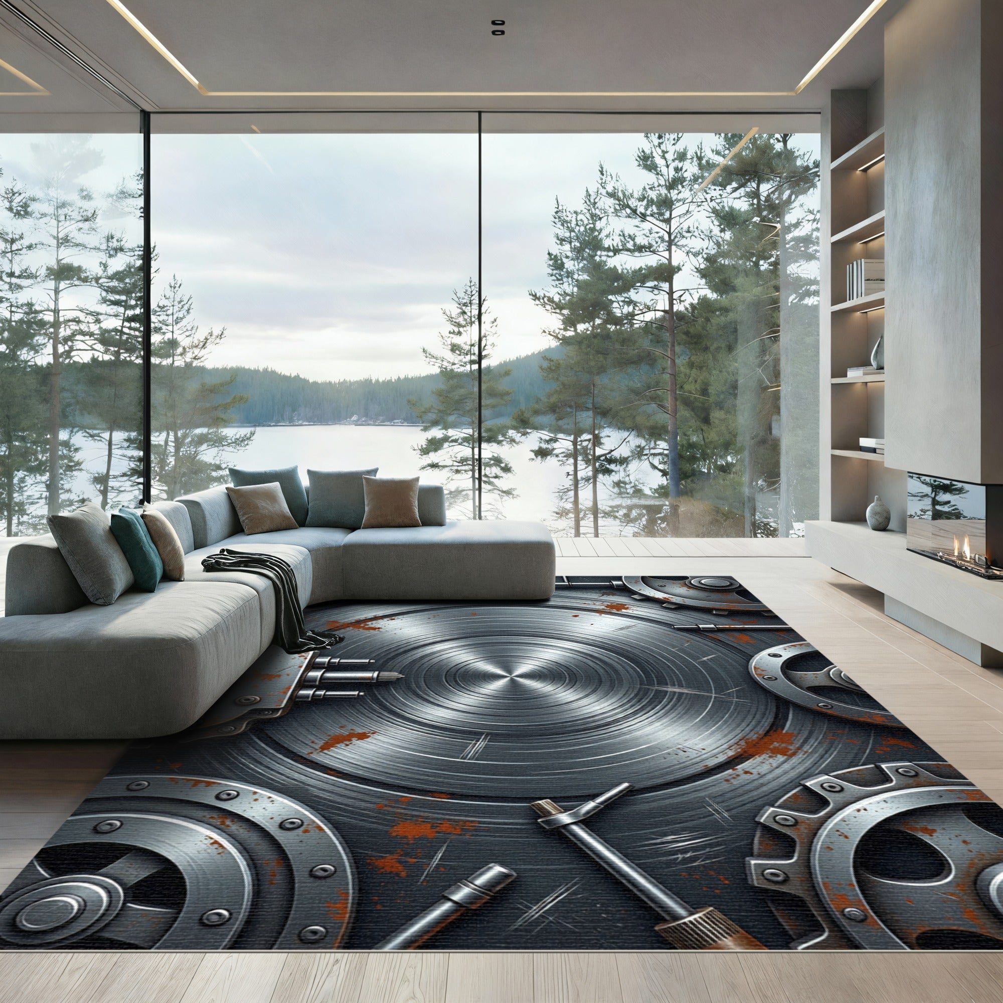 Industrial Metallic Gear Assemblage Rug