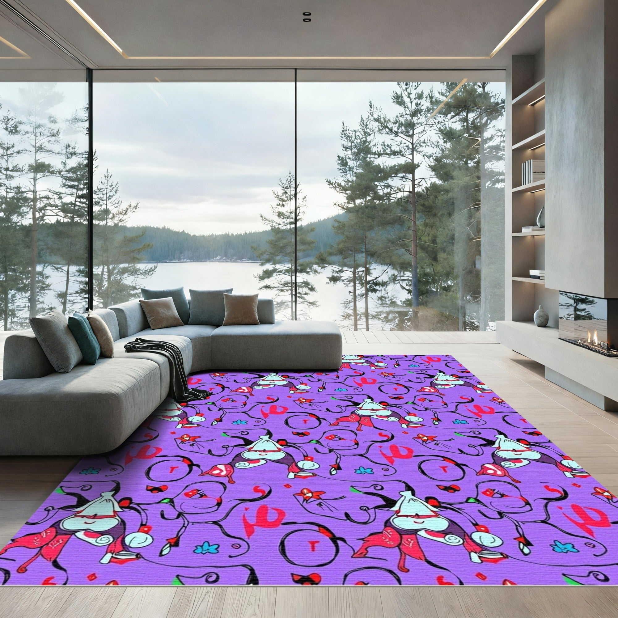 Whimsical Purple Character Abstract Swirl Rug
