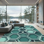 Modern Teal Geometric Hexagon Layered Art Rug