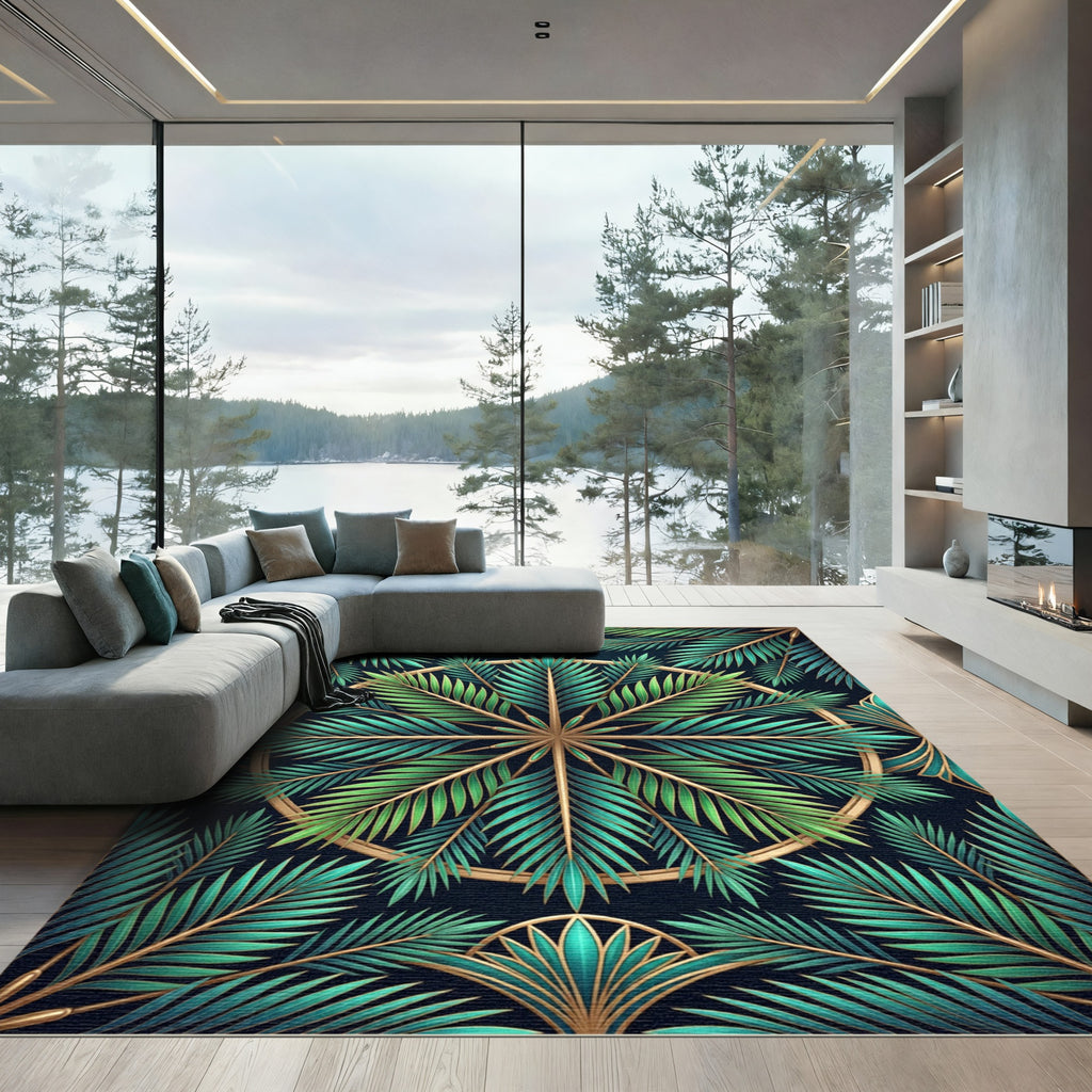 Art Deco Emerald Palm Frond Circle Rug