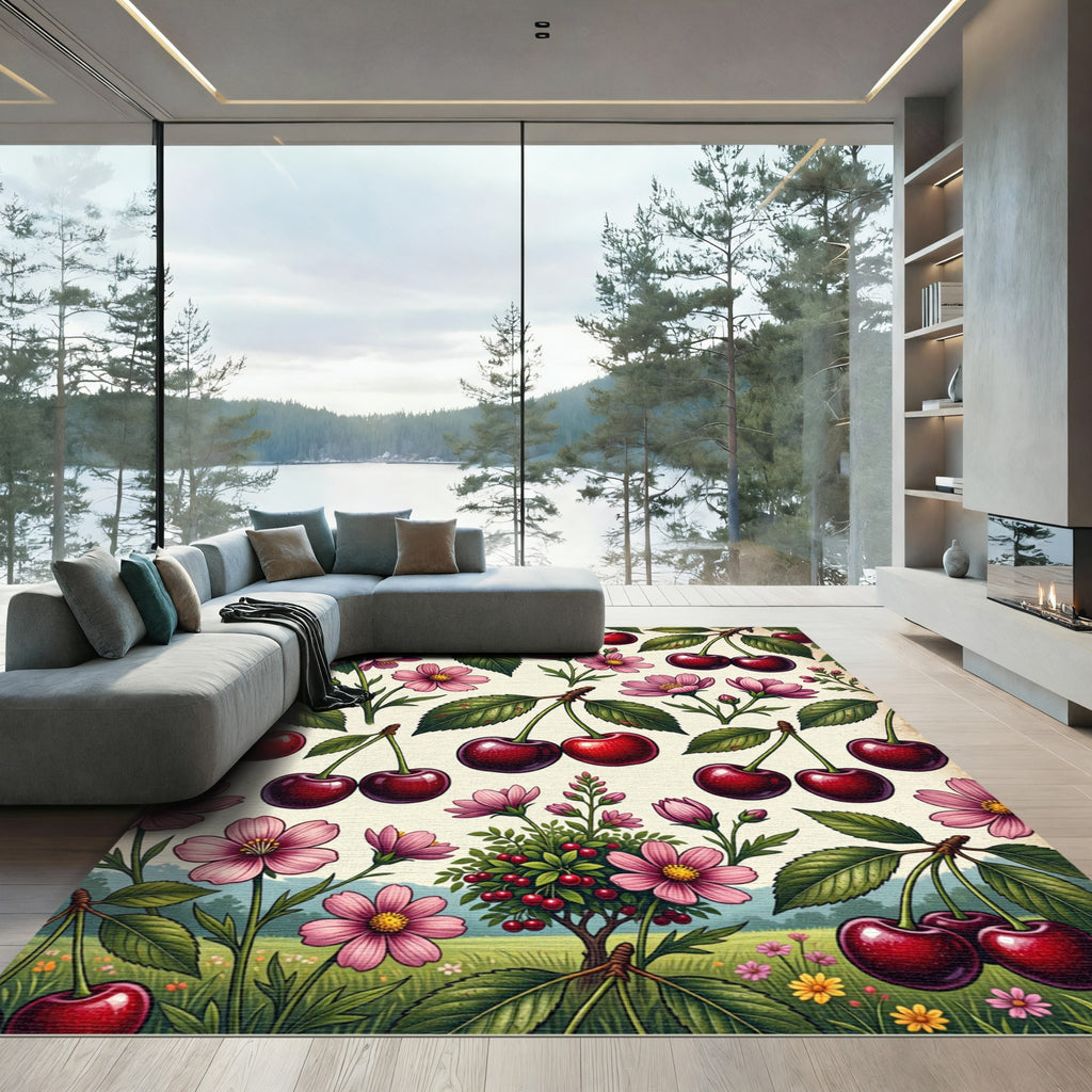 Cheerful Cherry Orchard Botanical Blossoms Rug