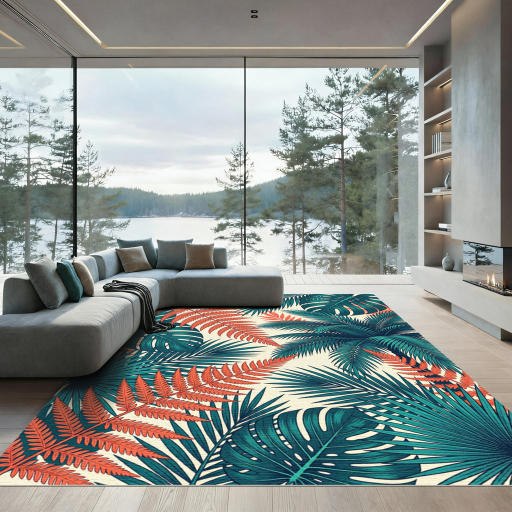 Lush Tropical Teal and Orange Foliage Rug