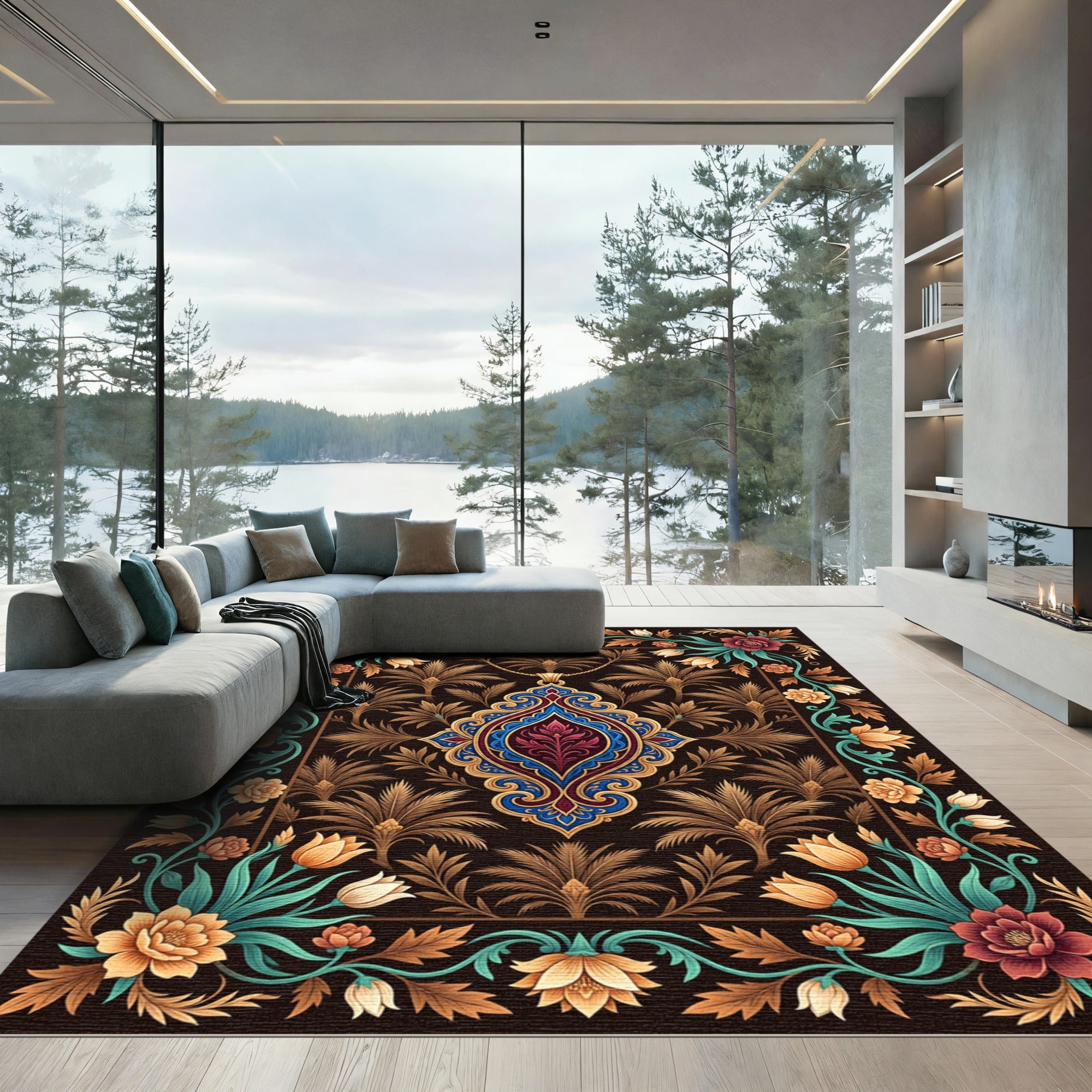 Elegant Ornate Floral Medallion Gold Accents Rug
