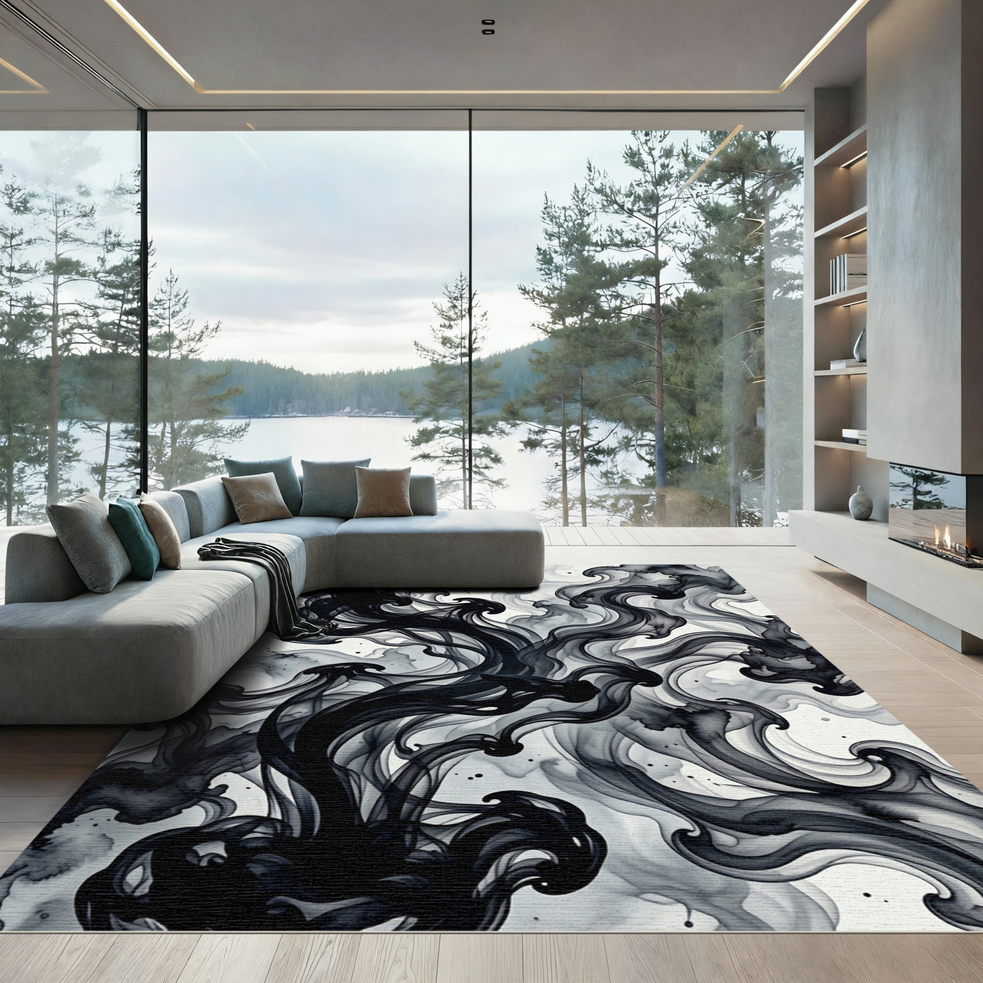 Abstract Black Ink Swirl Rug