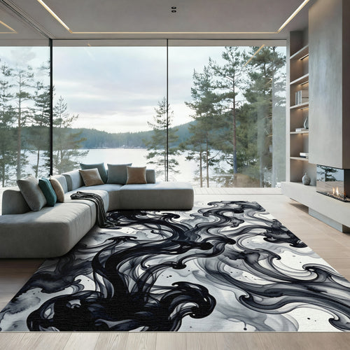 Abstract Black Ink Swirl Rug