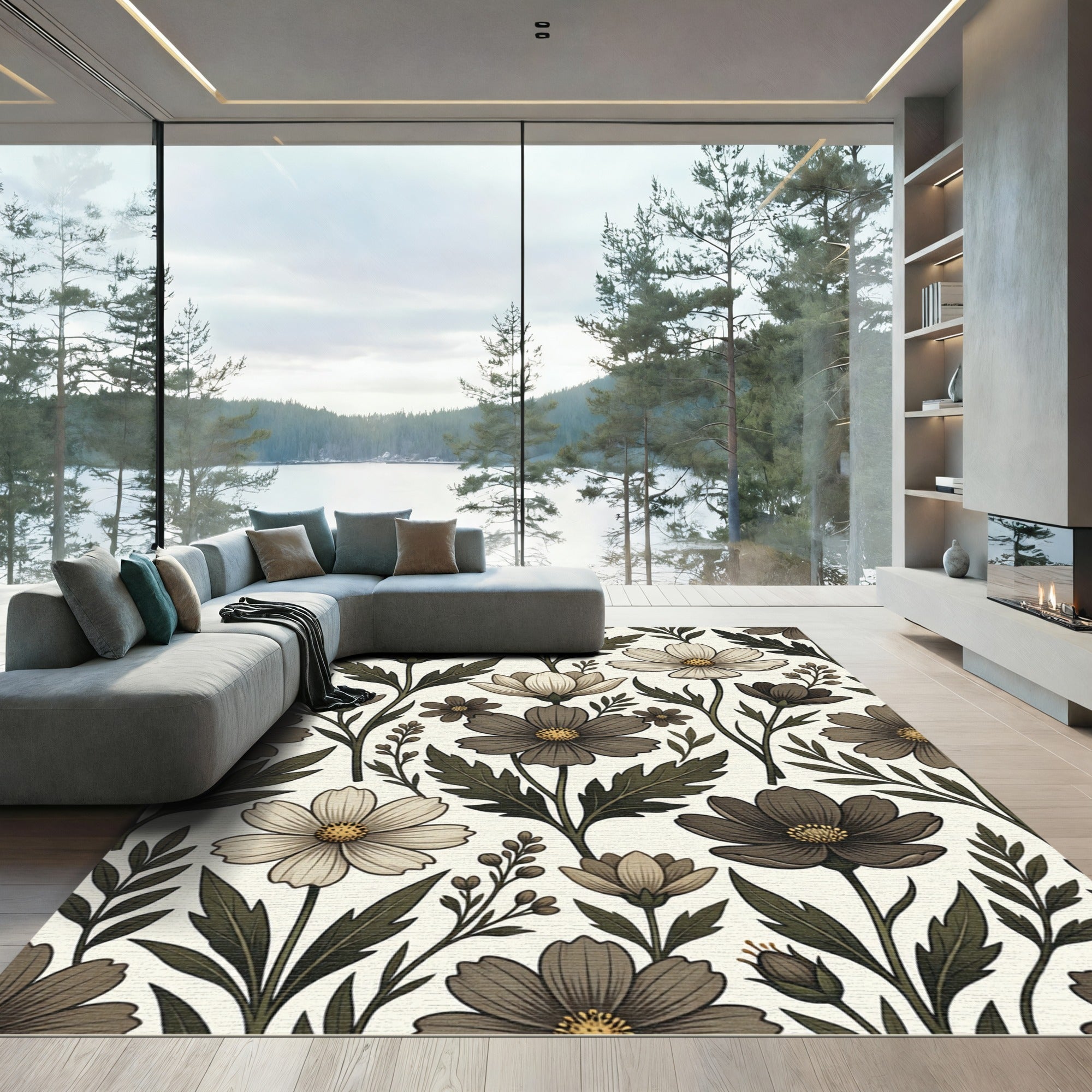 Earthy Tone Floral Vine Arrangement Rug