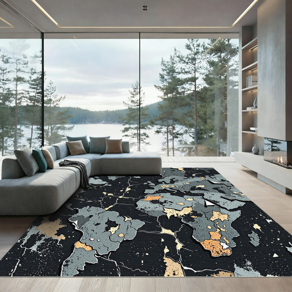 Abstract Weathered World Map Charcoal Tones Rug