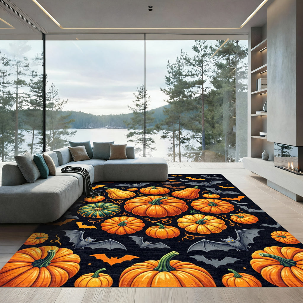 Spooky Jack O Lantern Bat Halloween Rug