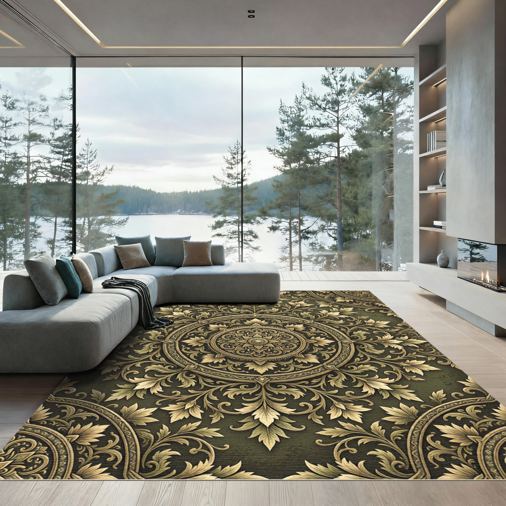 Elegant Golden Foliage Scroll Medallion Rug