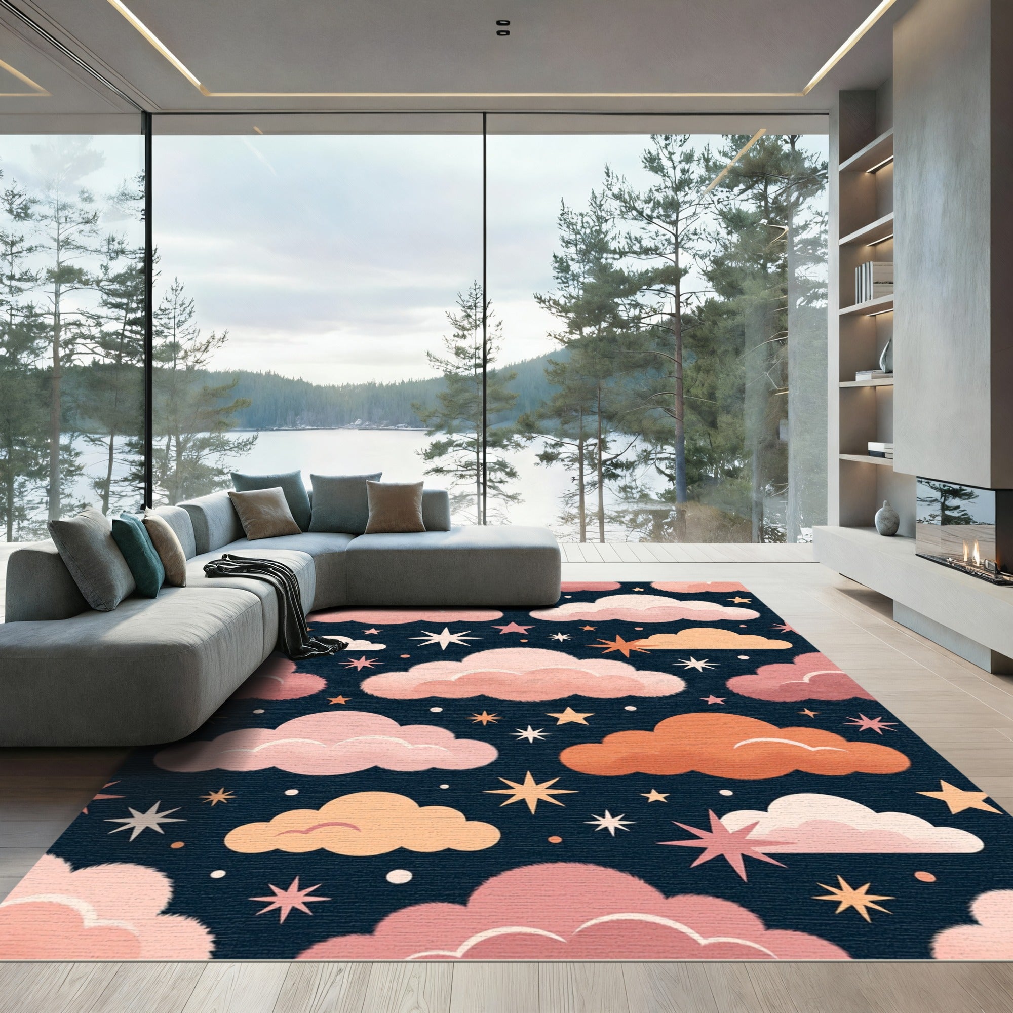 Celestial Pink Cloud and Star Sky Rug