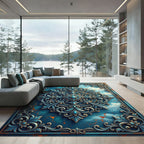 Ornate Blue Gold Celestial Filigree Rug