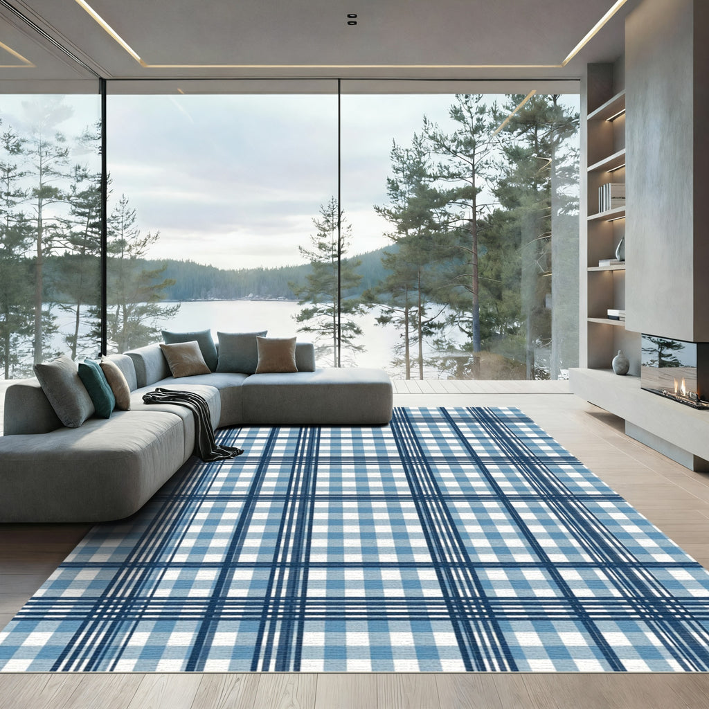 Classic Navy and Blue Gingham Plaid Rug