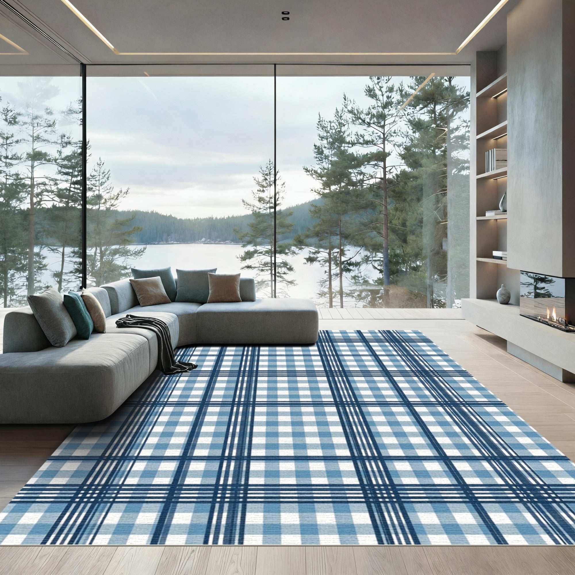 Classic Navy and Blue Gingham Plaid Rug