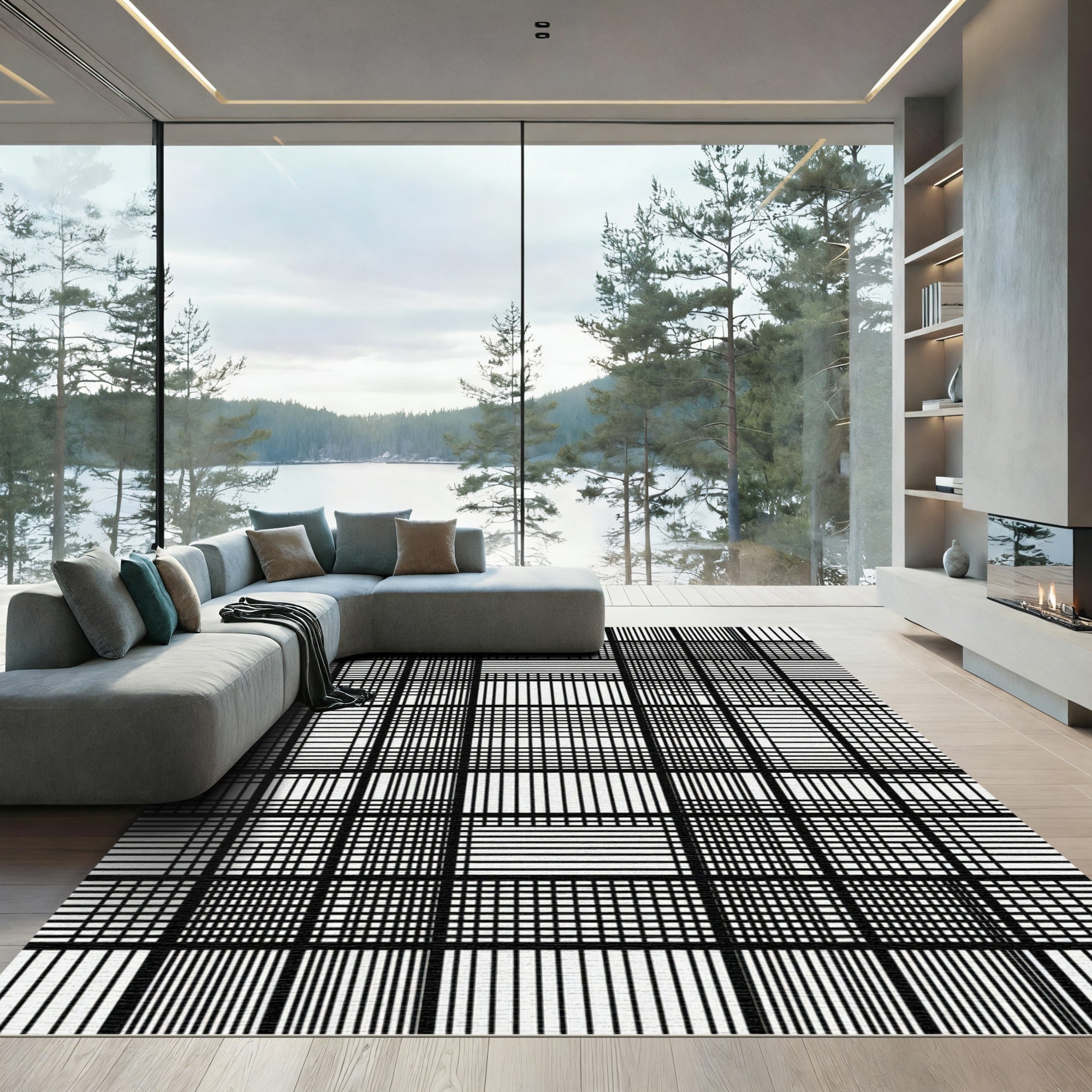 Chunky Black White Grid Squares Rug