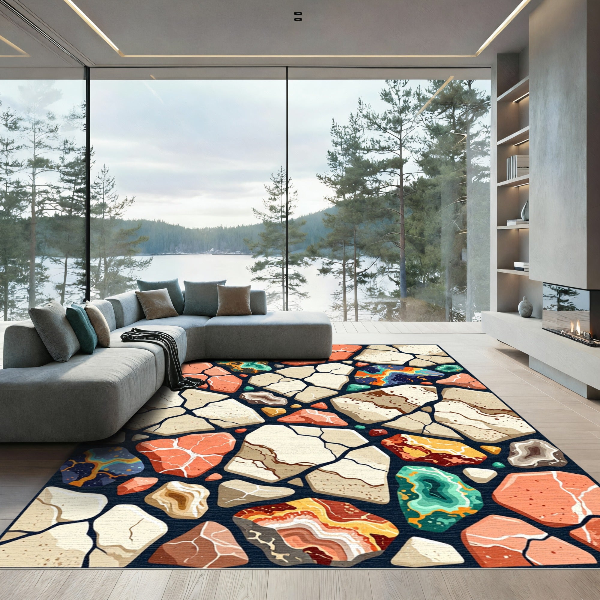 Abstract Geological Stone Mosaic Art Rug