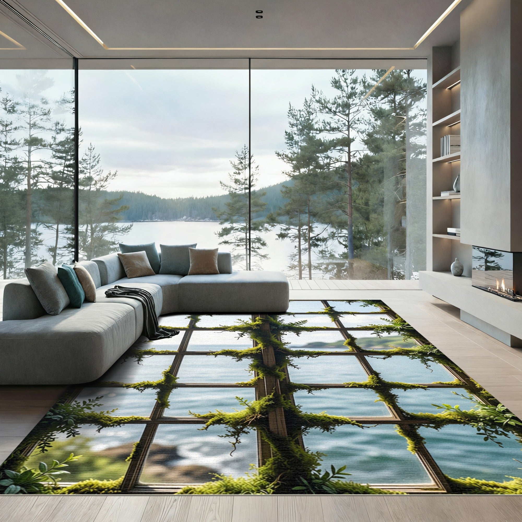 Organic Moss Window View Border Rug