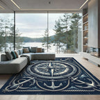 Vintage Nautical Compass and Anchor Bordered Rug