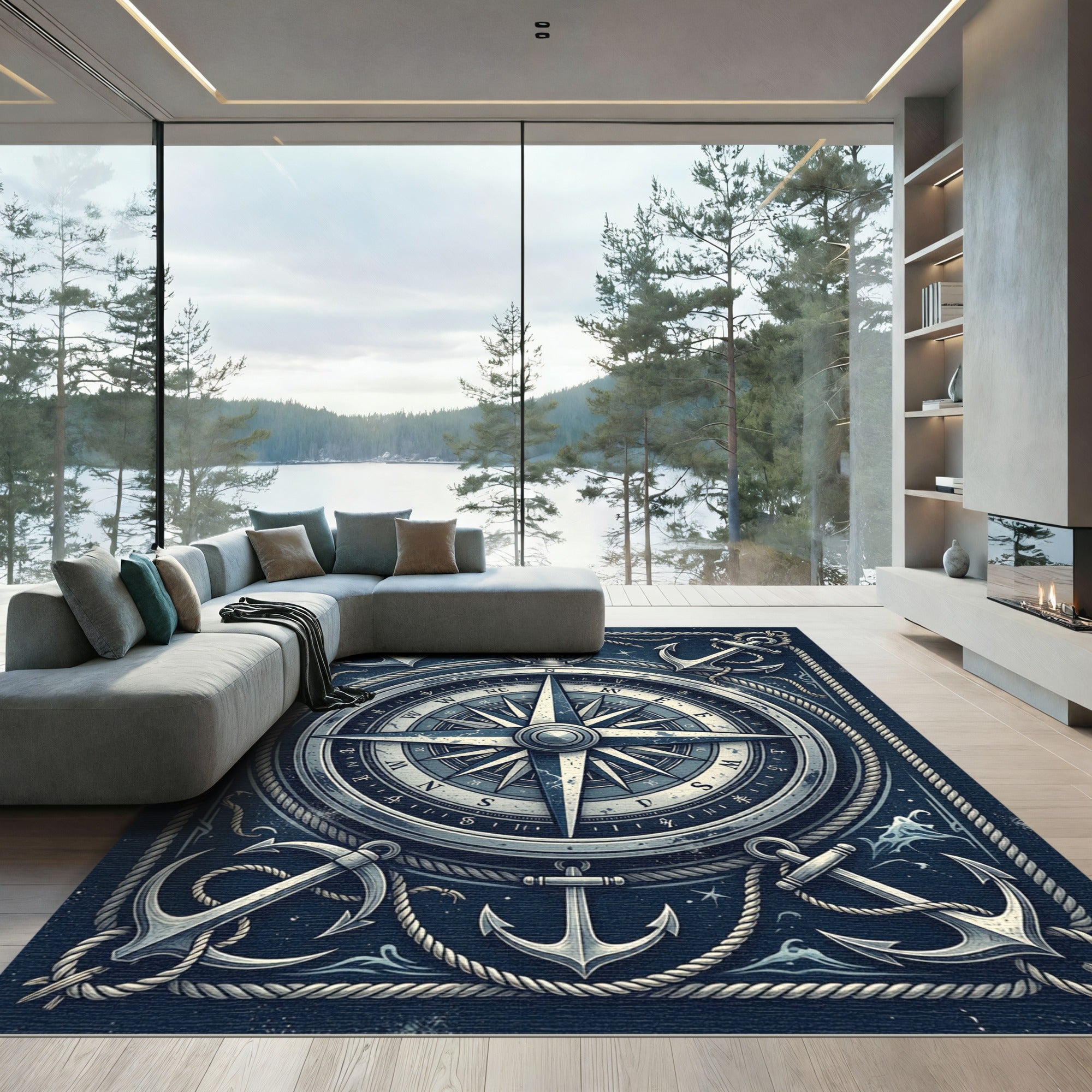 Vintage Nautical Compass and Anchor Bordered Rug