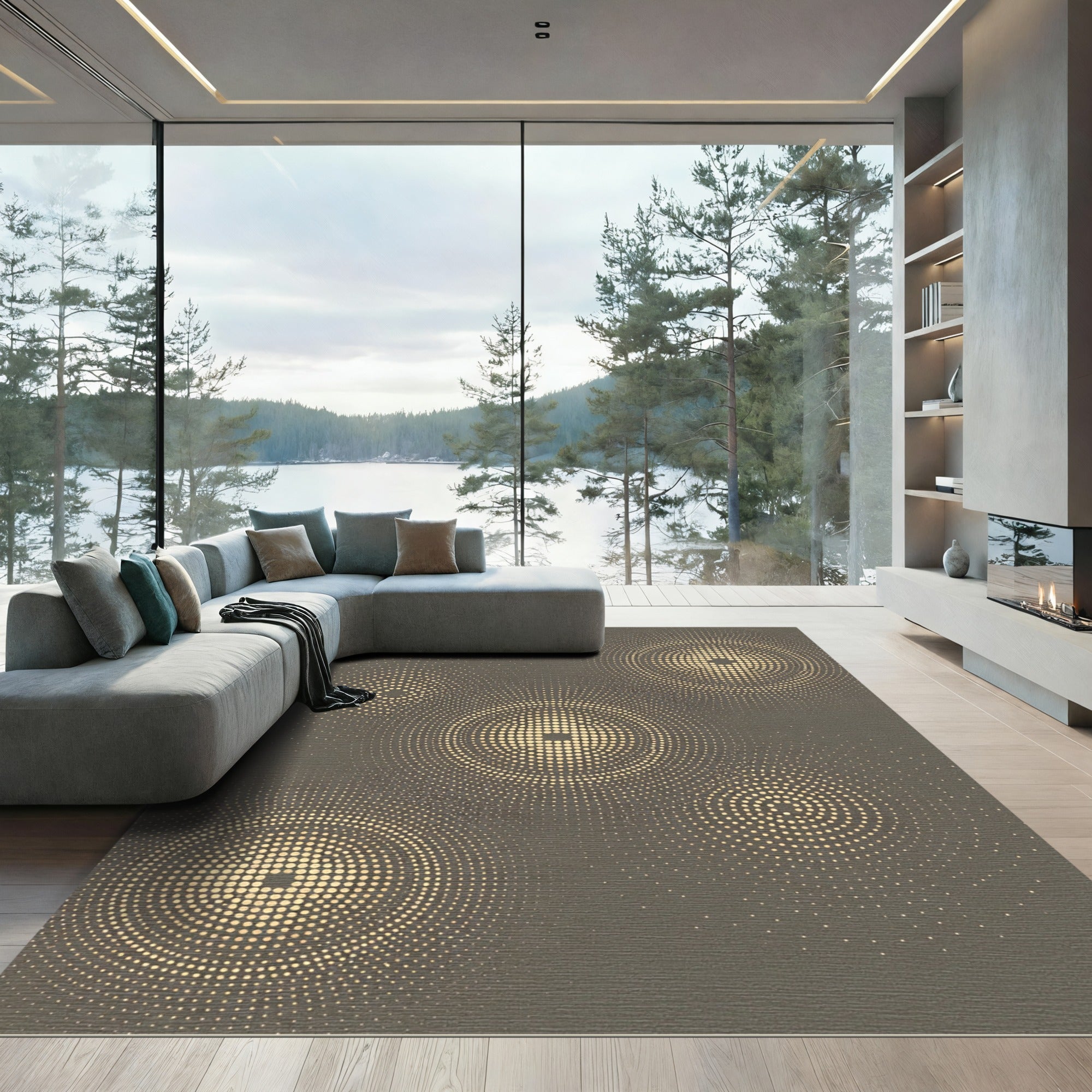 Golden Orbiting Circles Dot Rug