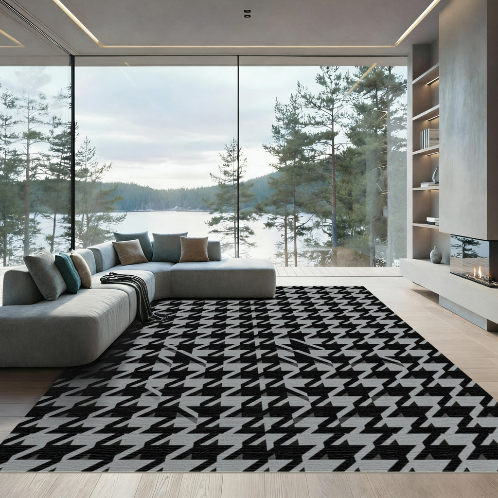 Classic Houndstooth Black Grey Tessellation Rug