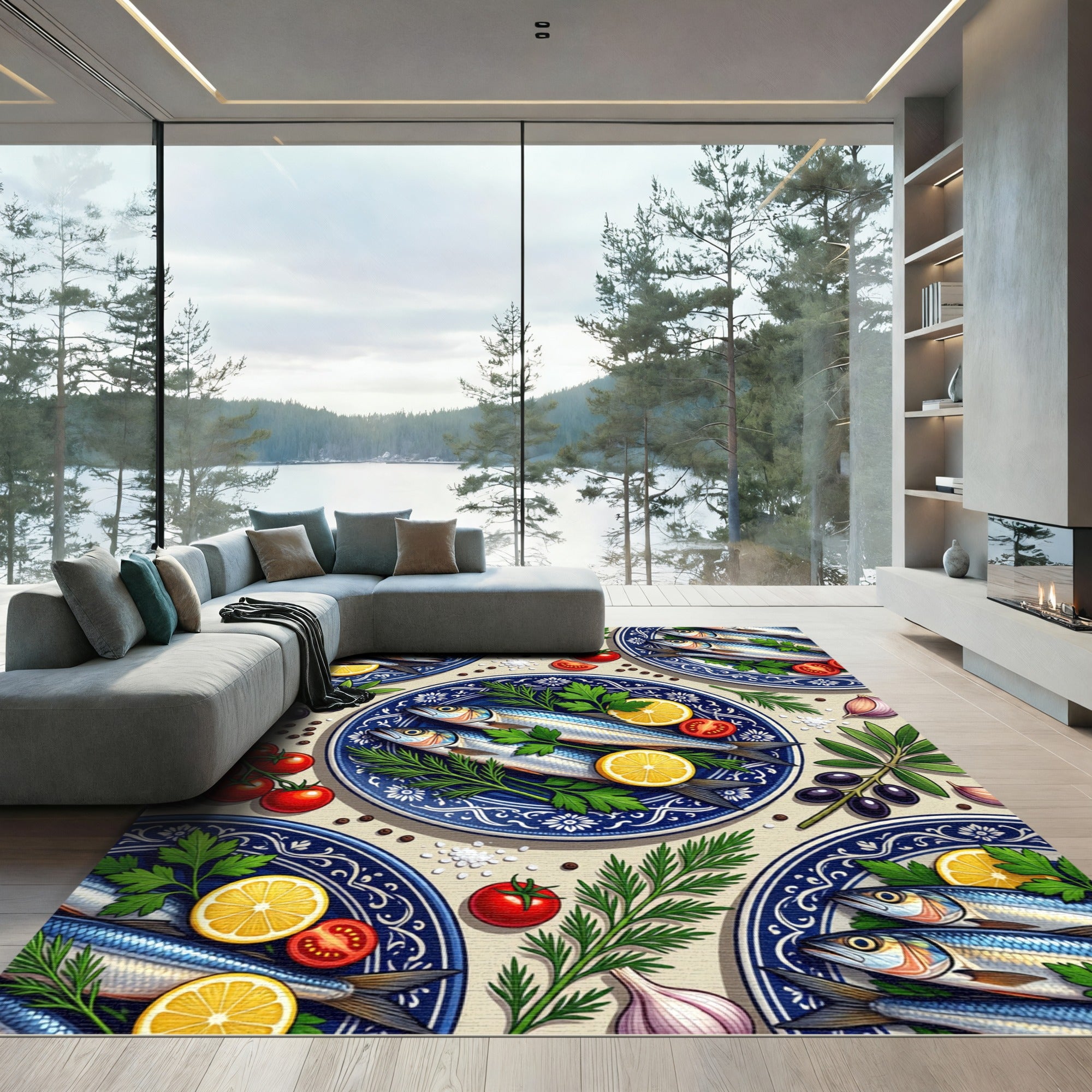 Mediterranean Anchovy Lemon Blue Floral Plate Rug