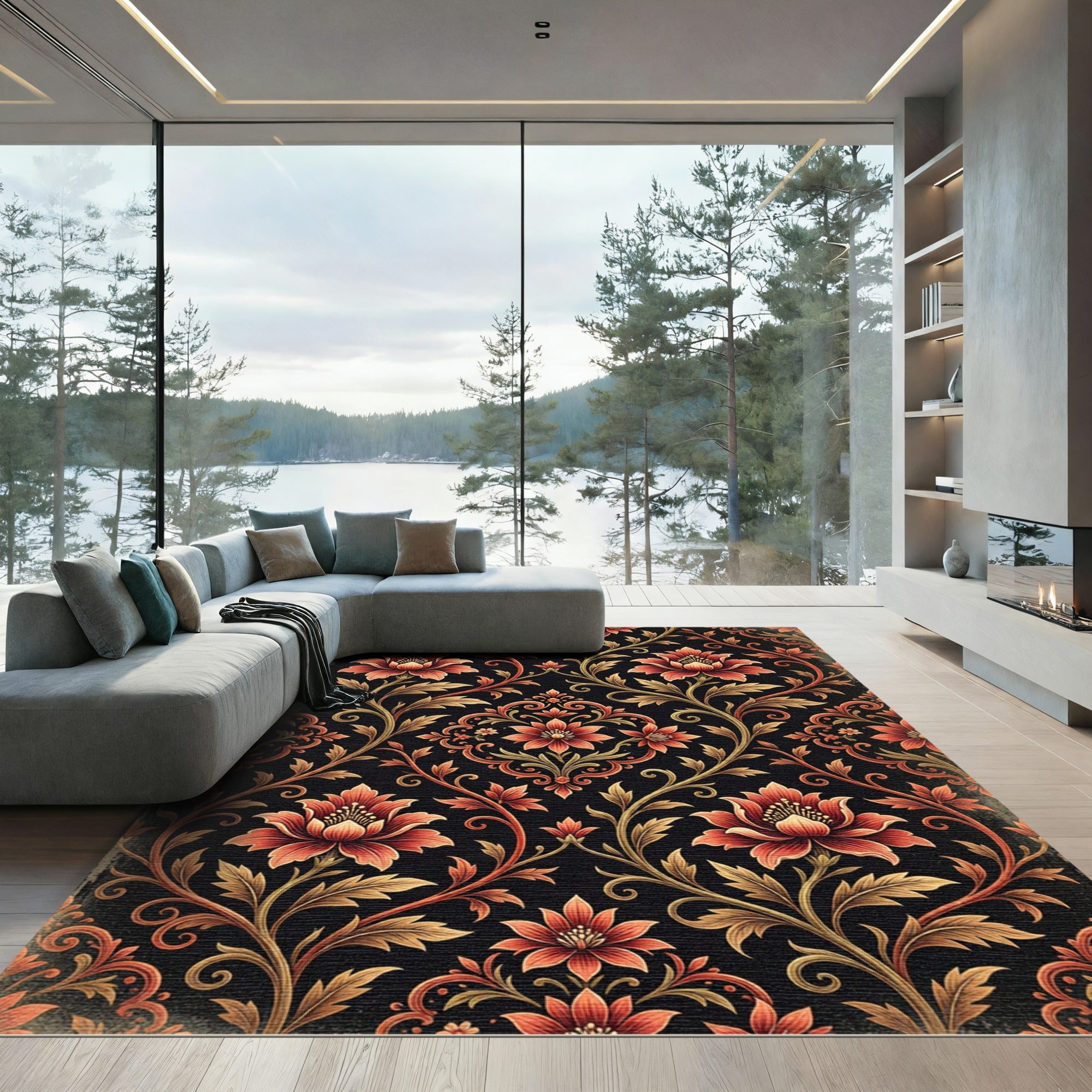 Ornate Crimson Floral Botanical Scroll Rug