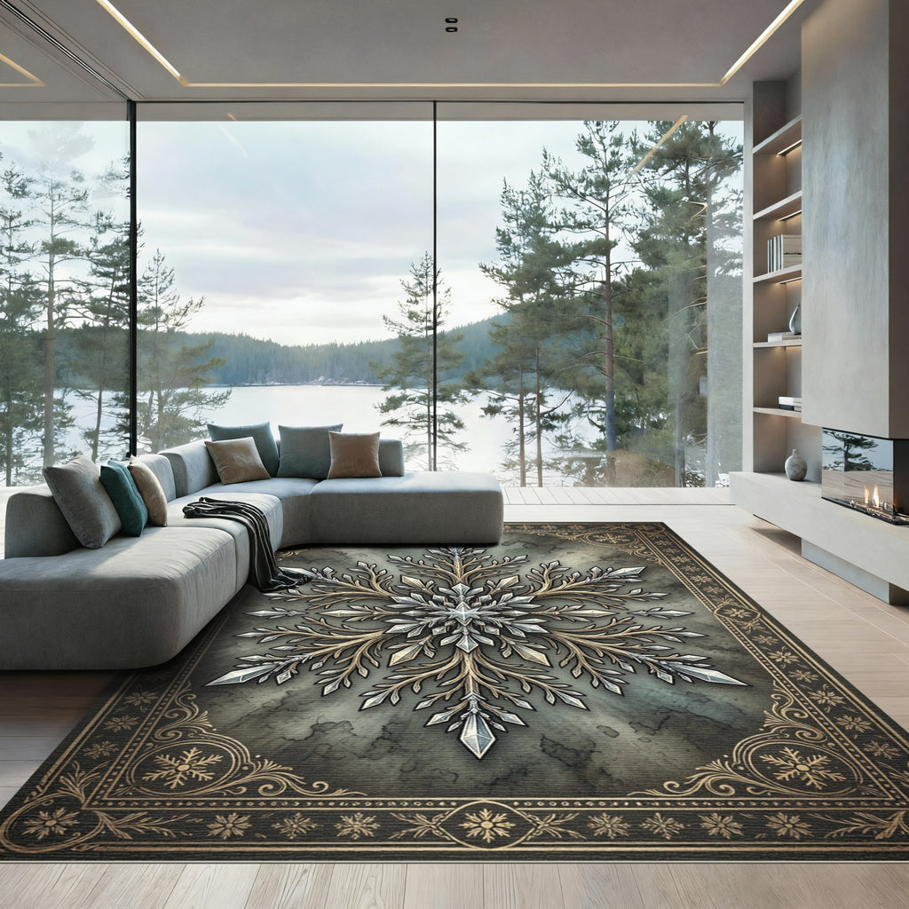 Ornate Crystal Snowflake Border Rug